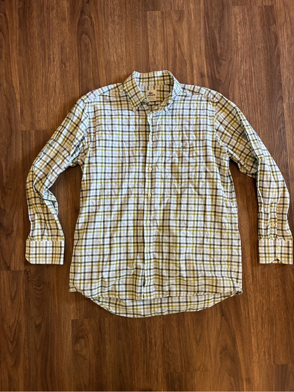 Lacoste Men’s Plaid Button-Down Long Sleeve Shirt Blue Green White Size L
